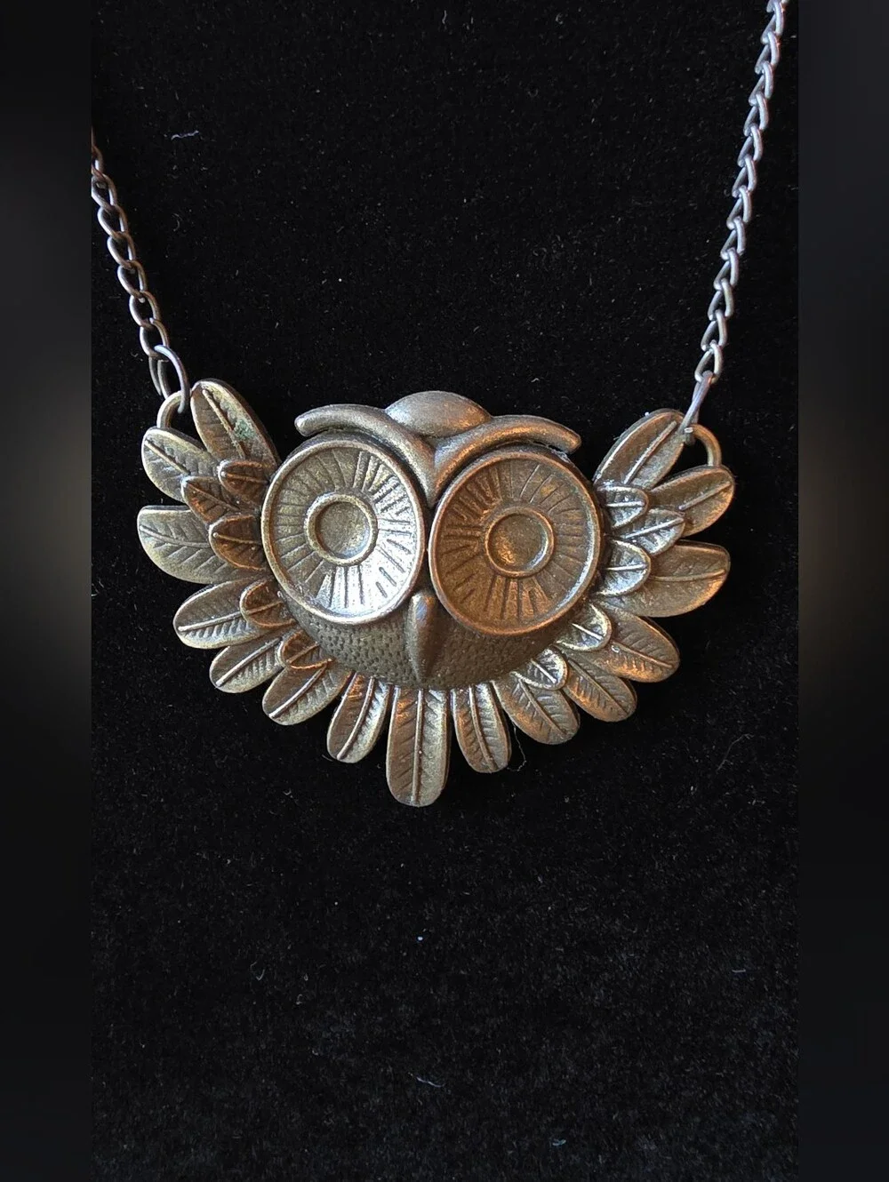 Antique Gold Tone Owl Statement Necklace Long Chain Boho Vintage Style